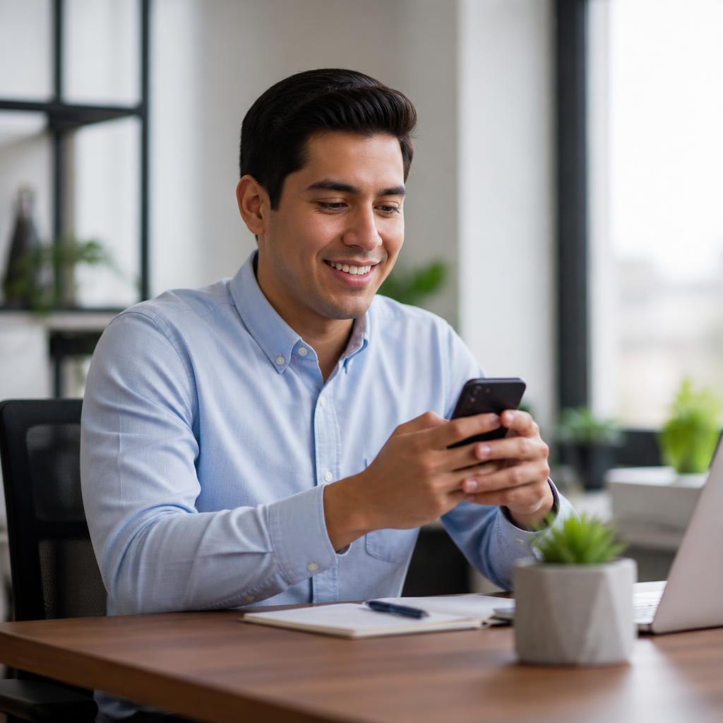 Dueño de un pequeño negocio escribiendo su consulta por WhatsApp desde su teléfono